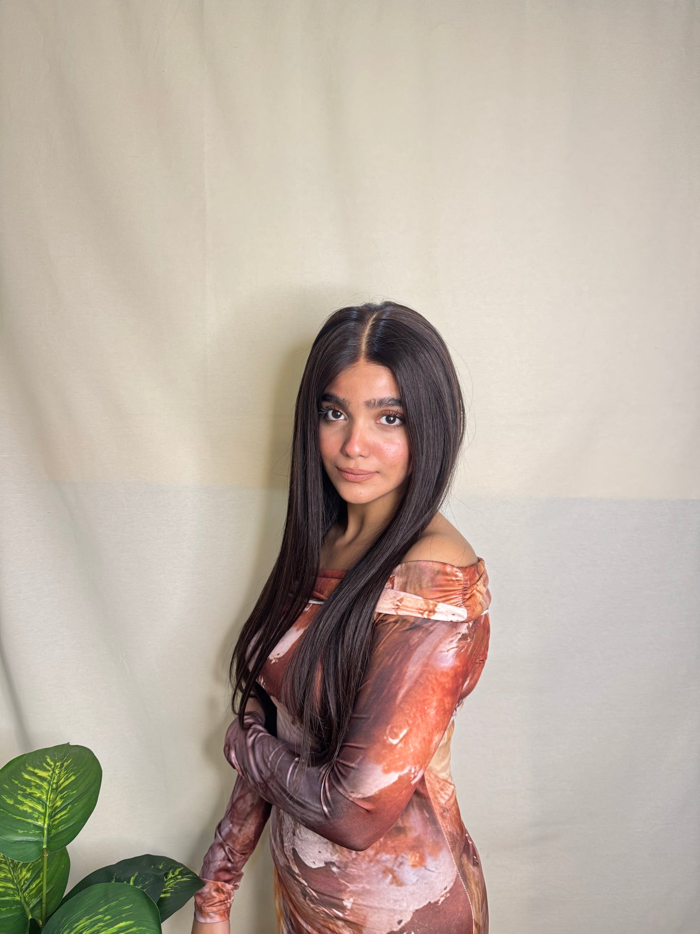 Long straight black-brown wig with HD lace and natural hairline.