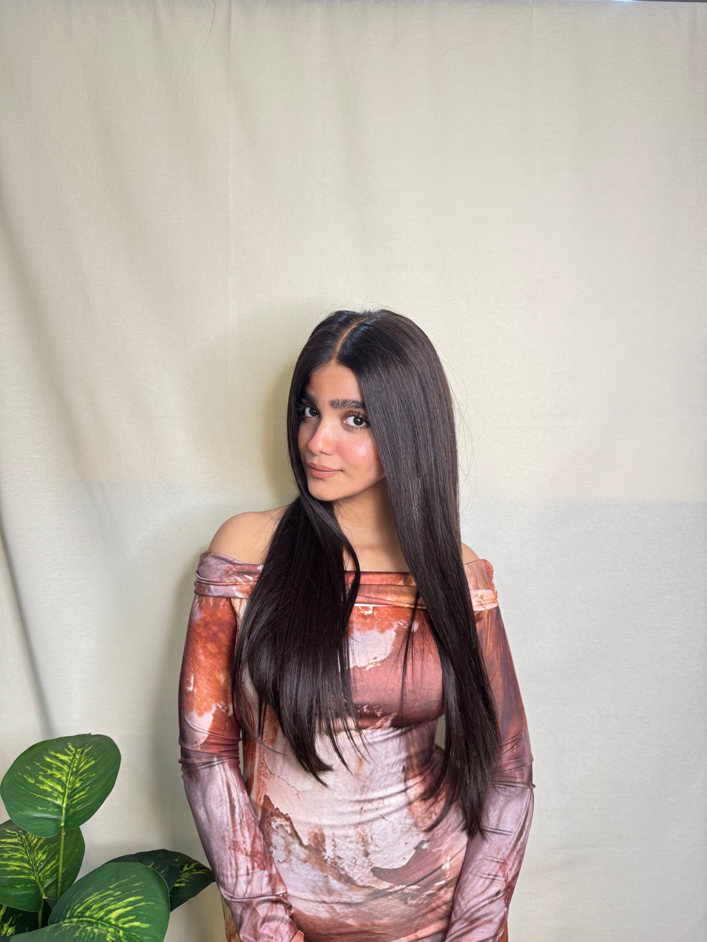 Long straight wig in natural black-brown with HD lace, glueless design, and realistic hairline.