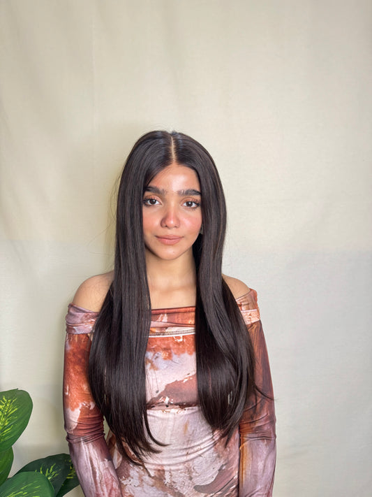 Long straight wig in natural black-brown with HD lace and glueless design.